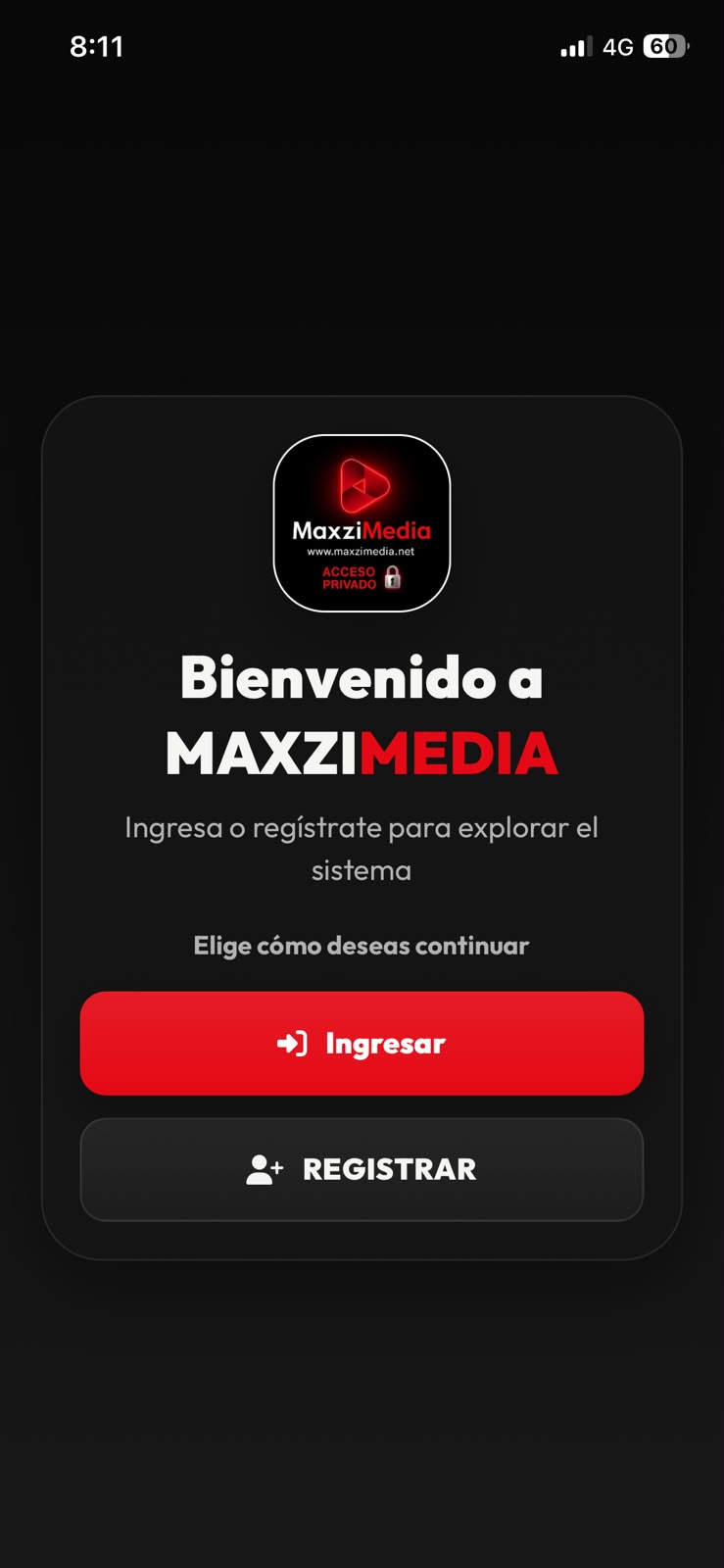 Pantalla de inicio de sesión con la opción Registrar