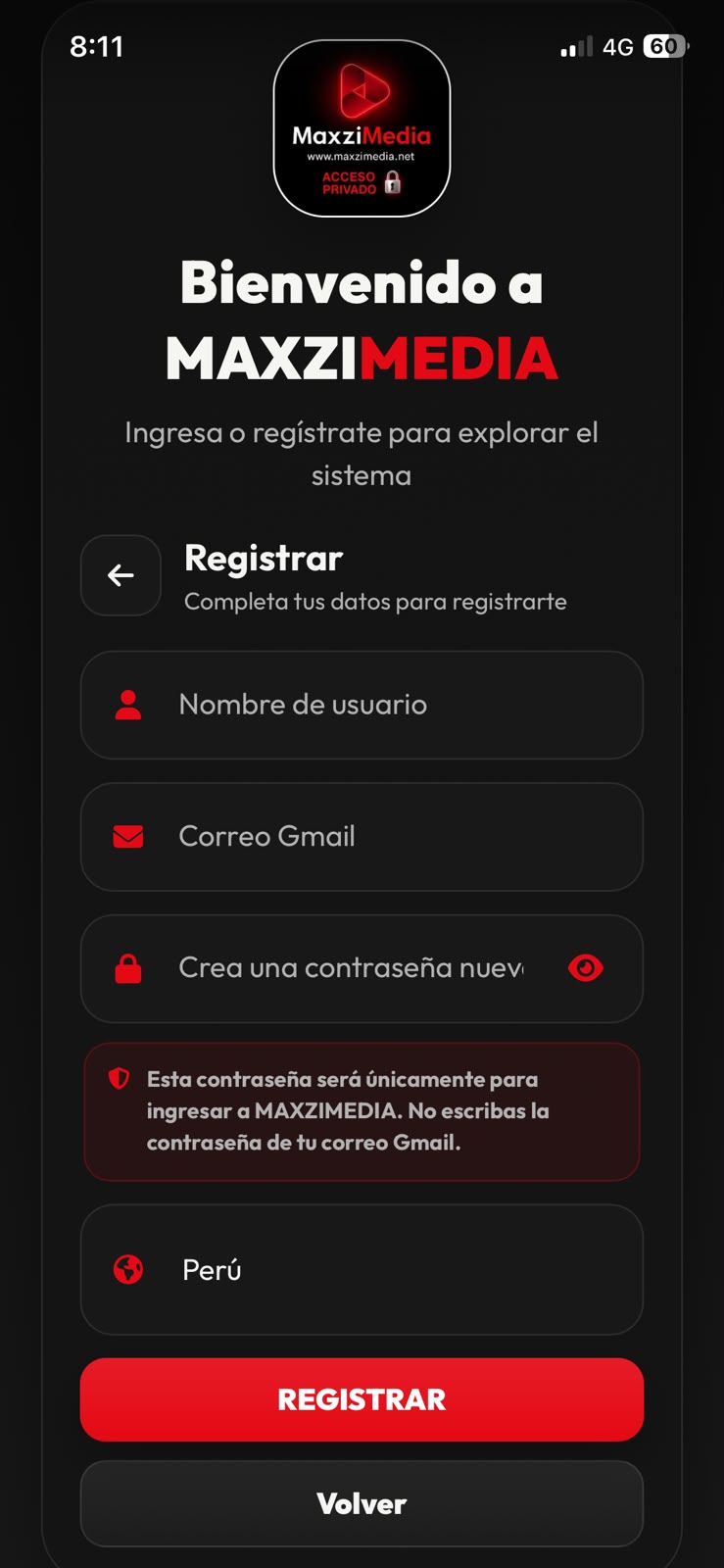 Formulario para completar los datos de registro